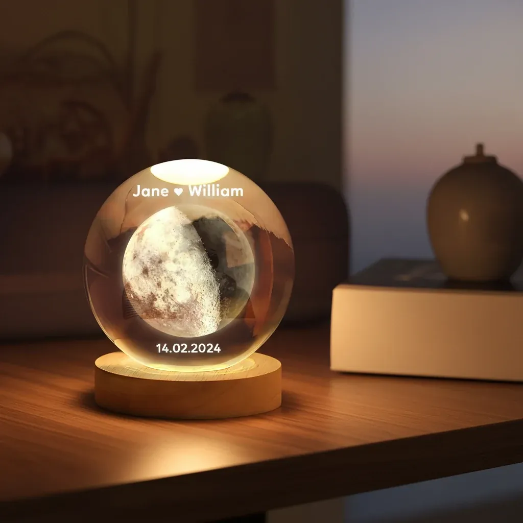 Custom 2D Moon Phase Crystal Ball Night Light – personalised gift, premium product photo