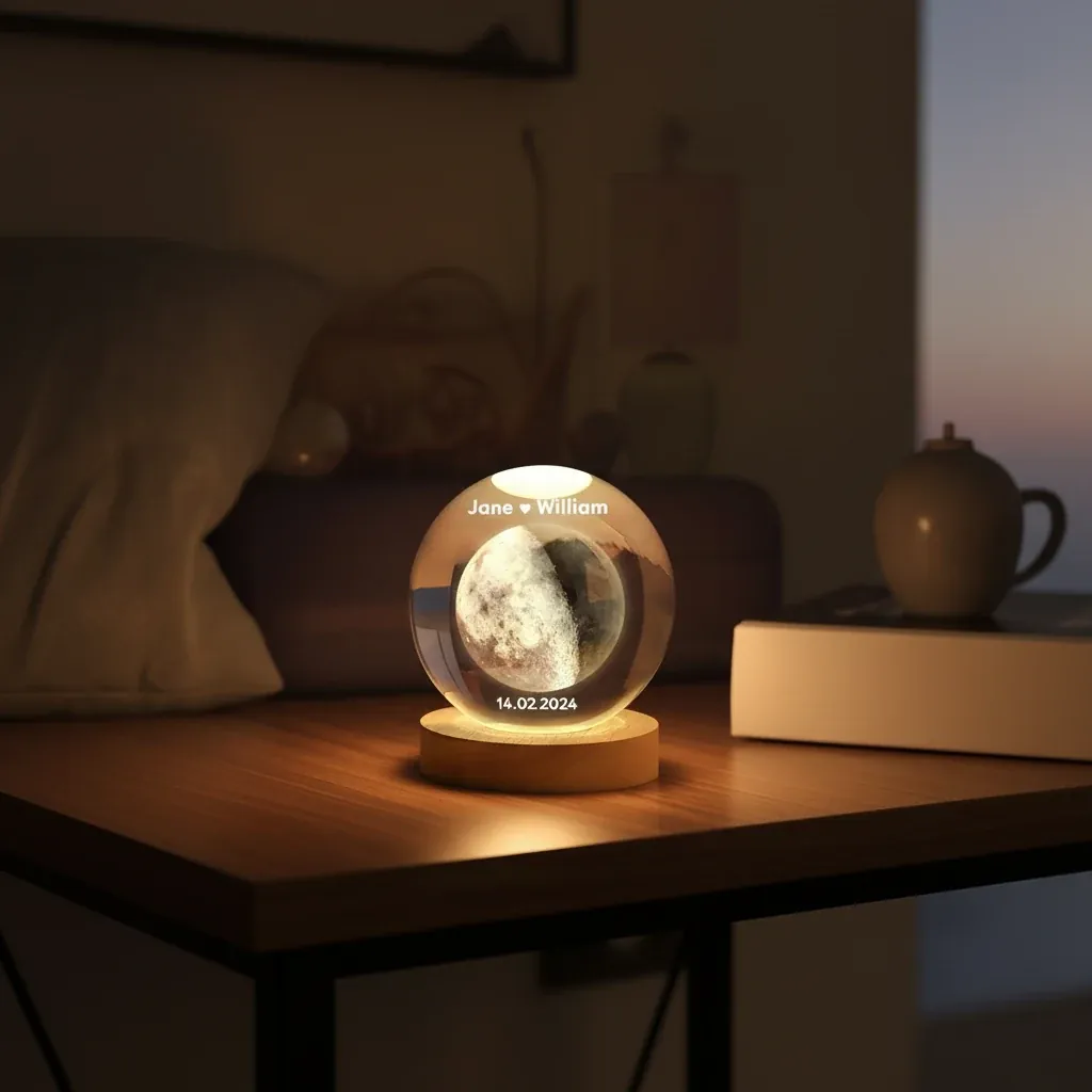 Custom 2D Moon Phase Crystal Ball Night Light – lifestyle photo showing the gift in use