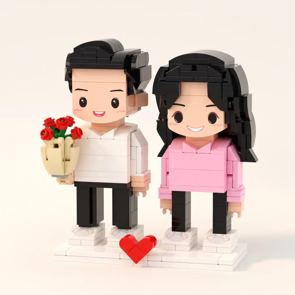 Custom brick figures of a couple, the man holding red roses
