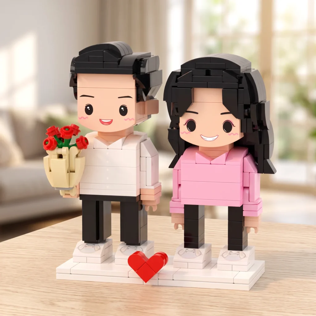 Custom couple brick figures on a table at home