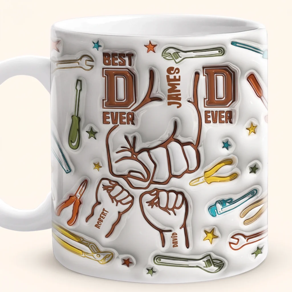 White mug with a Best Dad Ever fist bump design, names and tools