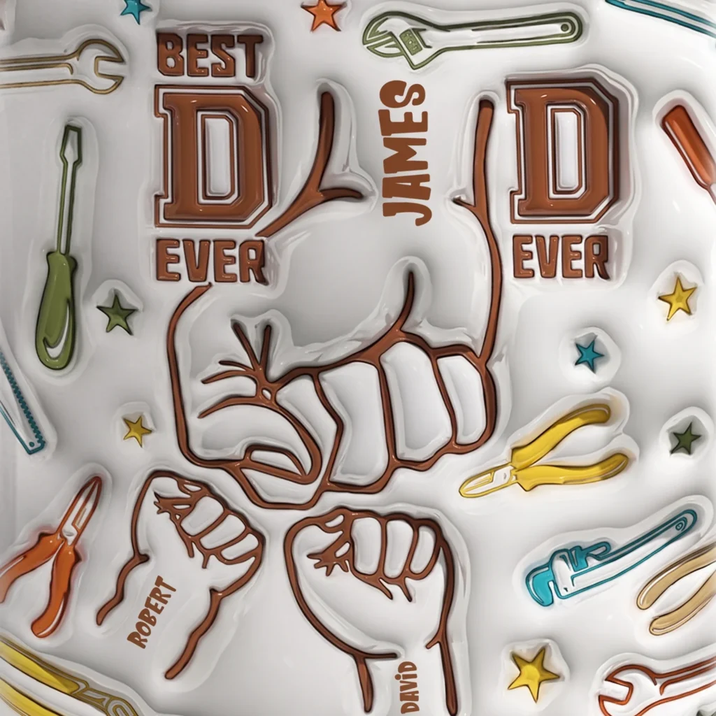 Close-up of the fist bump design and names on a dad mug