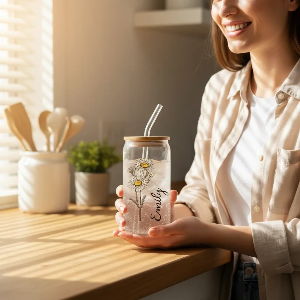 Personalised Birth Flower Can Glass – lifestyle photo showing the gift in use