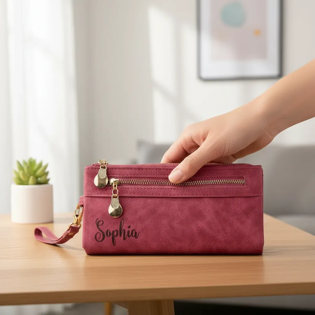 Personalised Bridesmaid Wallet Gift – lifestyle photo showing the gift in use