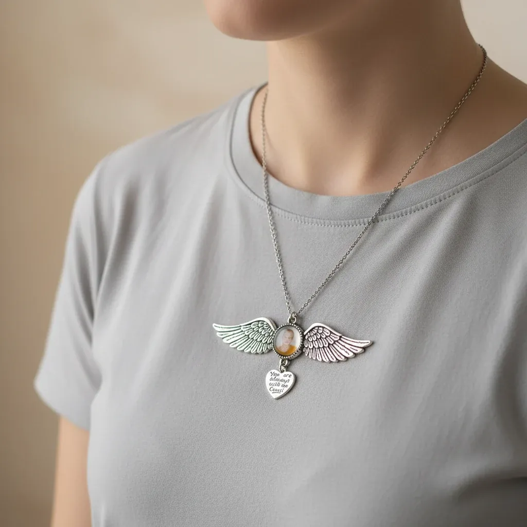 Personalised Custom Angel Wings Pin Brooch – lifestyle photo showing the gift in use