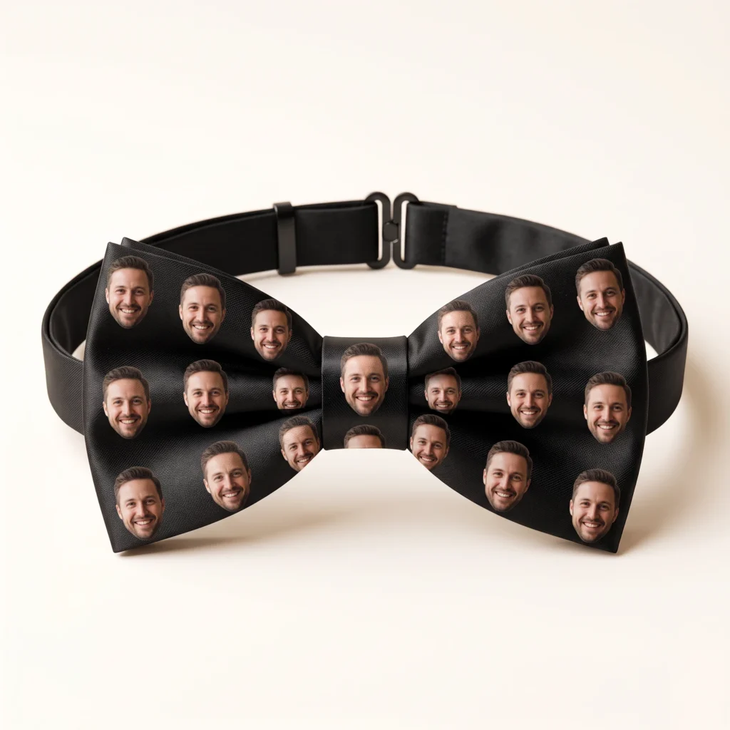 Black satin bow tie printed with a repeated face photo