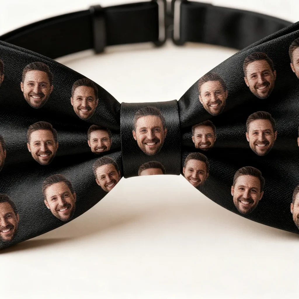Close-up of the printed faces on a personalised bow tie