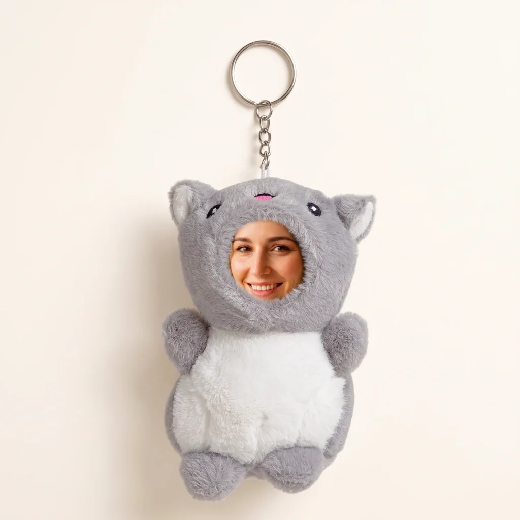 Grey plush cat keychain with a printed face in the face opening