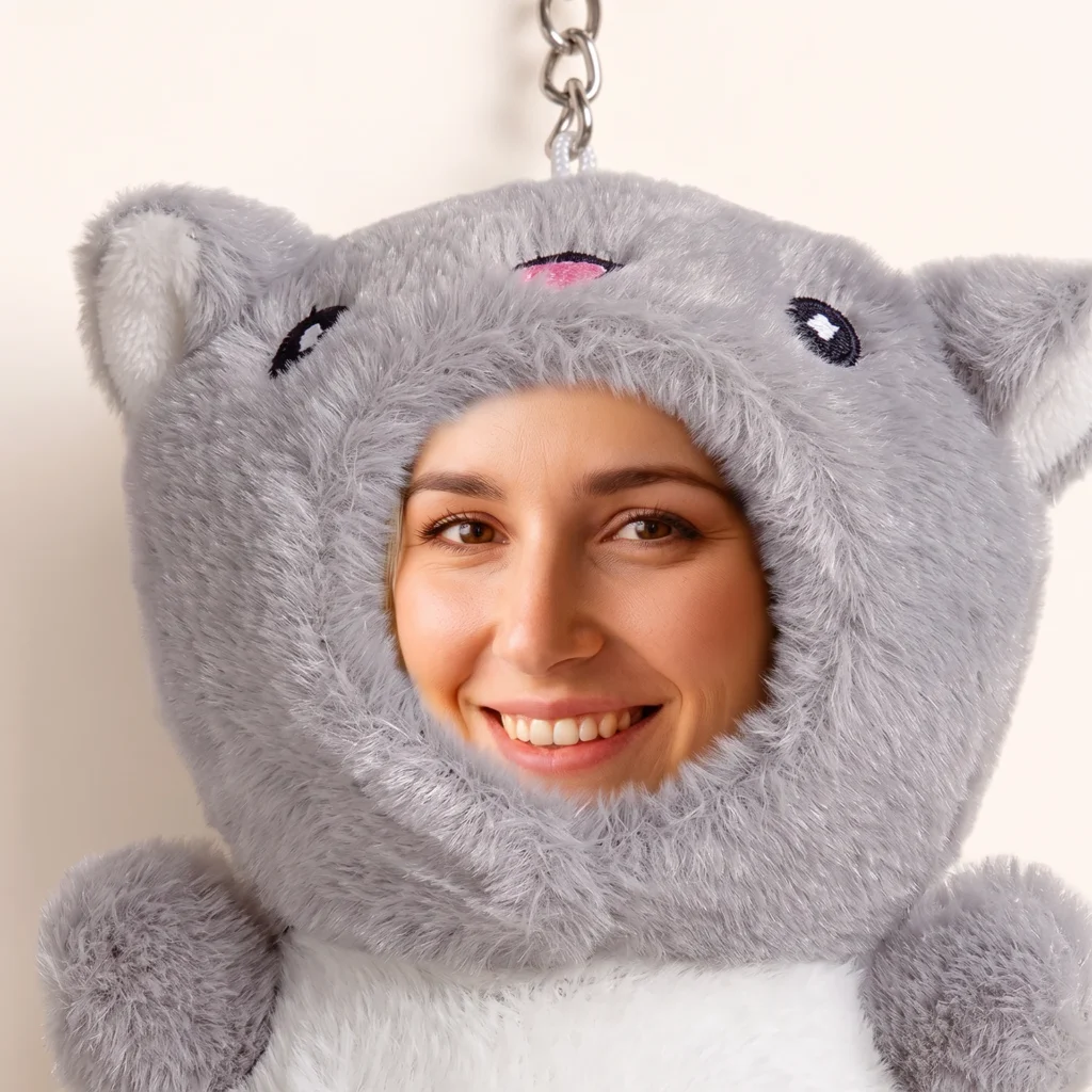 Close-up of the printed face on a plush keychain