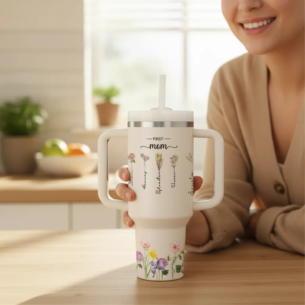 Personalised “First Mum Now Grandma” 40oz Tumbler with Straw – lifestyle photo showing the gift in use