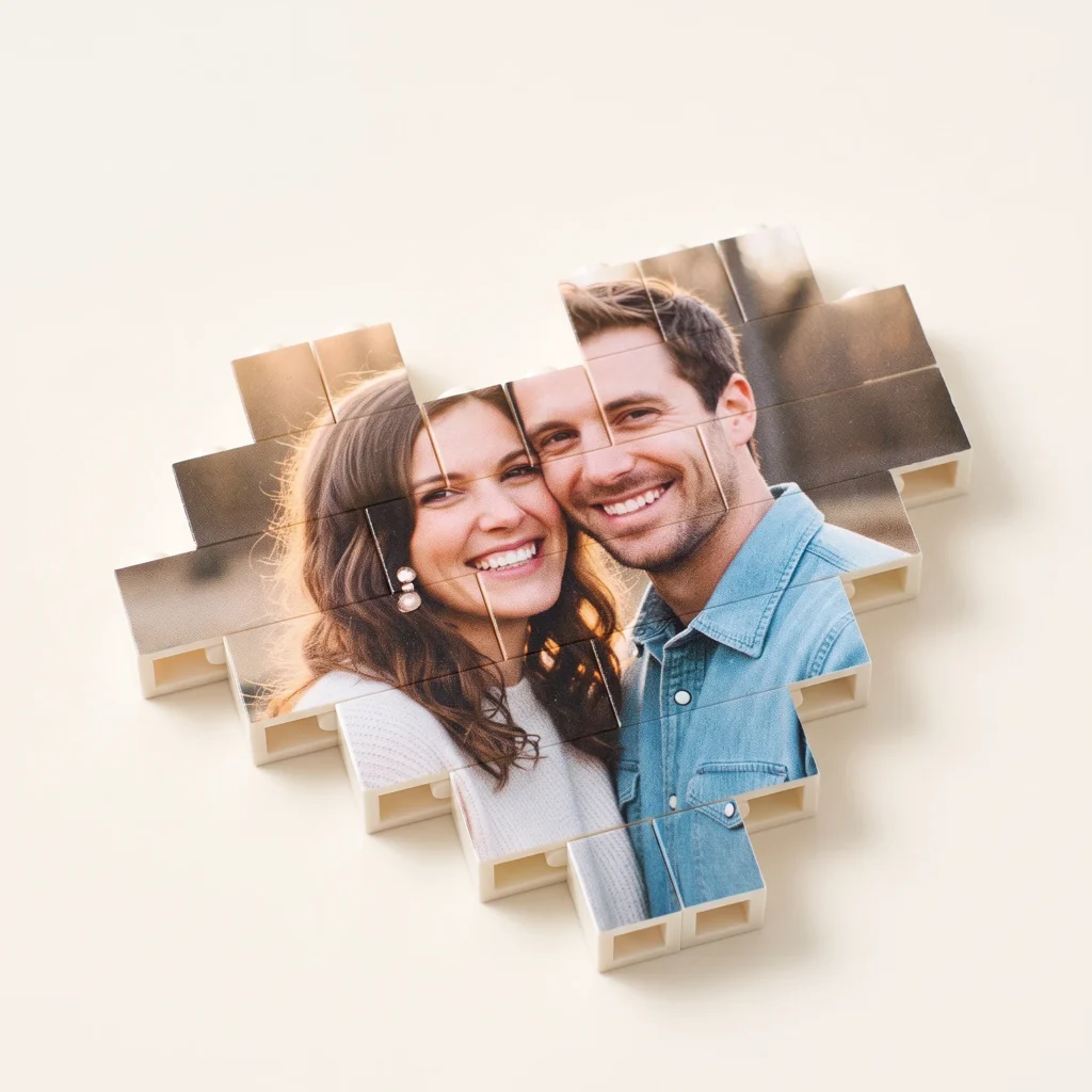 Heart-shaped building block puzzle printed with a couple's photo