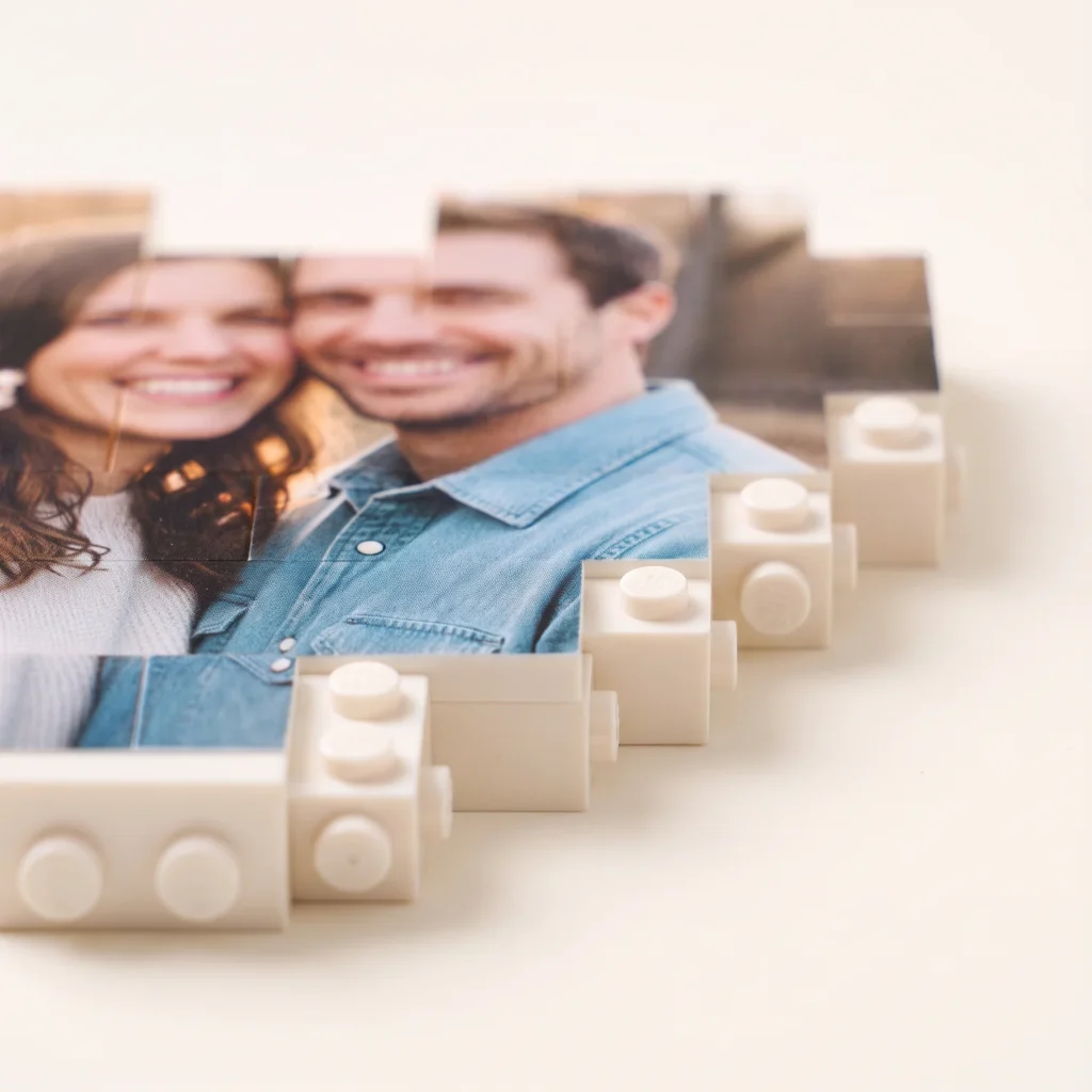 Side view of a heart photo building block puzzle showing the blocks