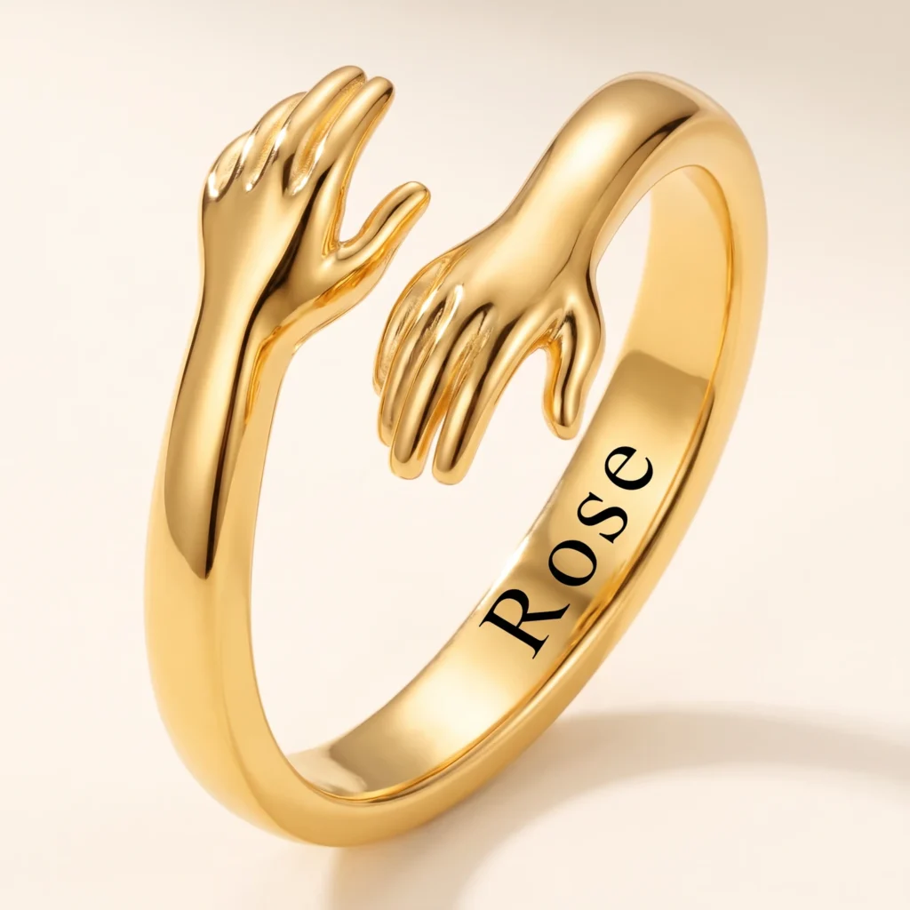 Gold hugging hands ring engraved with a name
