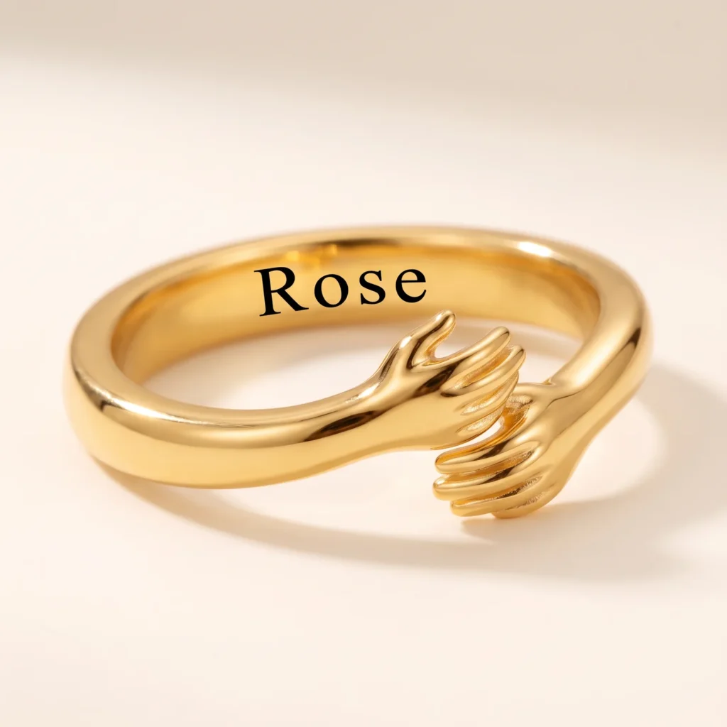 Close-up of the engraved name and hugging hands on a gold ring