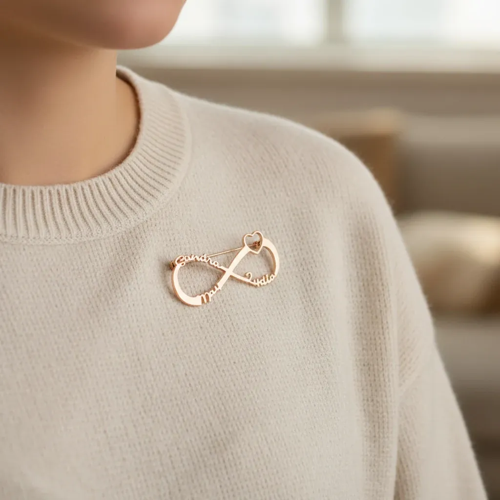 Personalised Infinity Name Brooch – lifestyle photo showing the gift in use