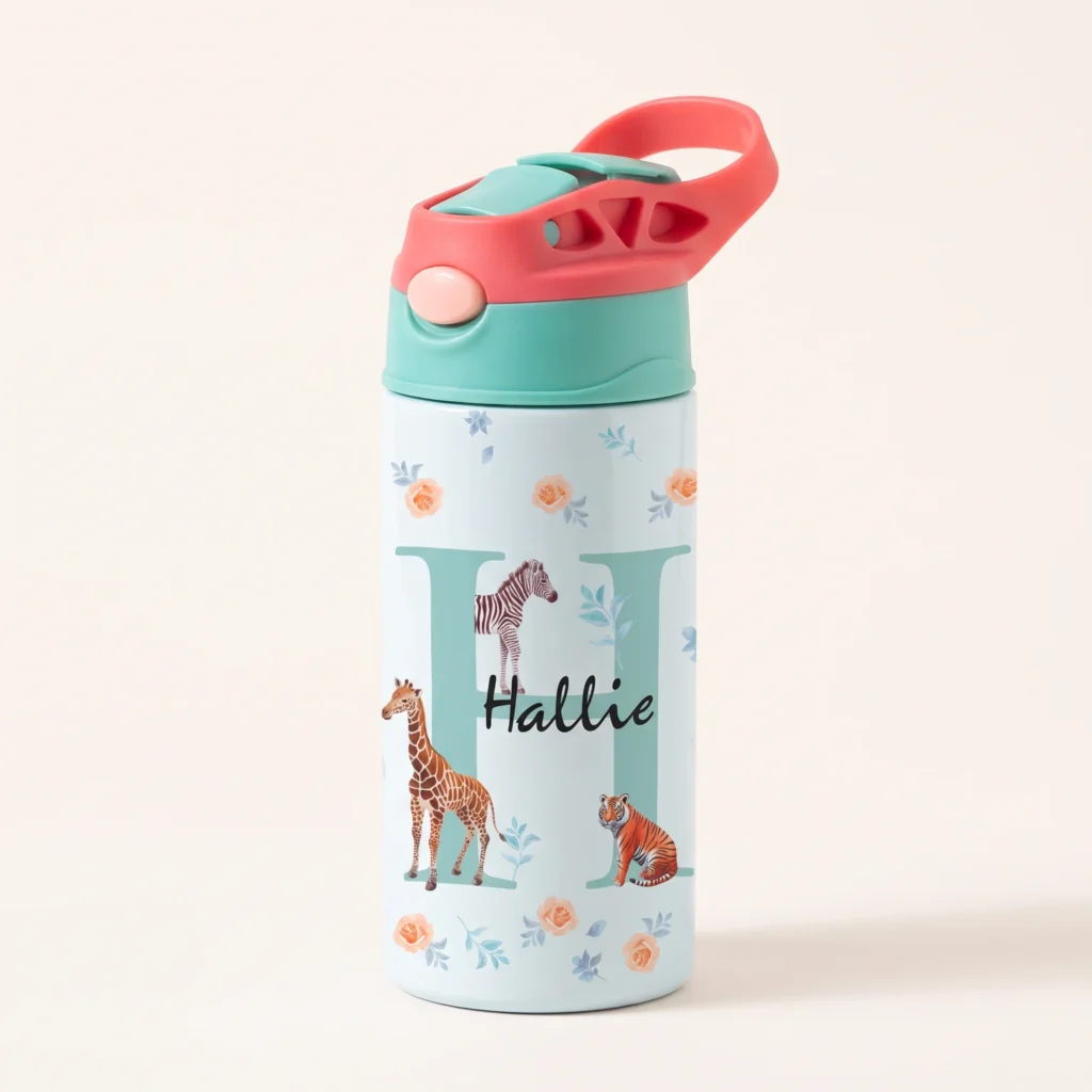 Kids water bottle with flip straw lid printed with an initial, a name and jungle animals