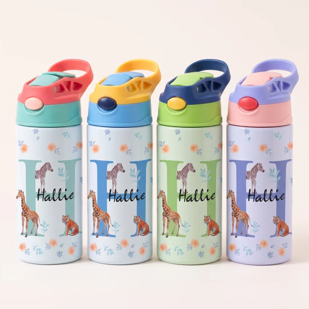 Four personalised jungle water bottles with different lid colours