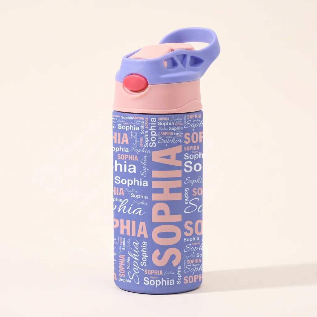 Kids water bottle with flip straw lid printed all over with a name