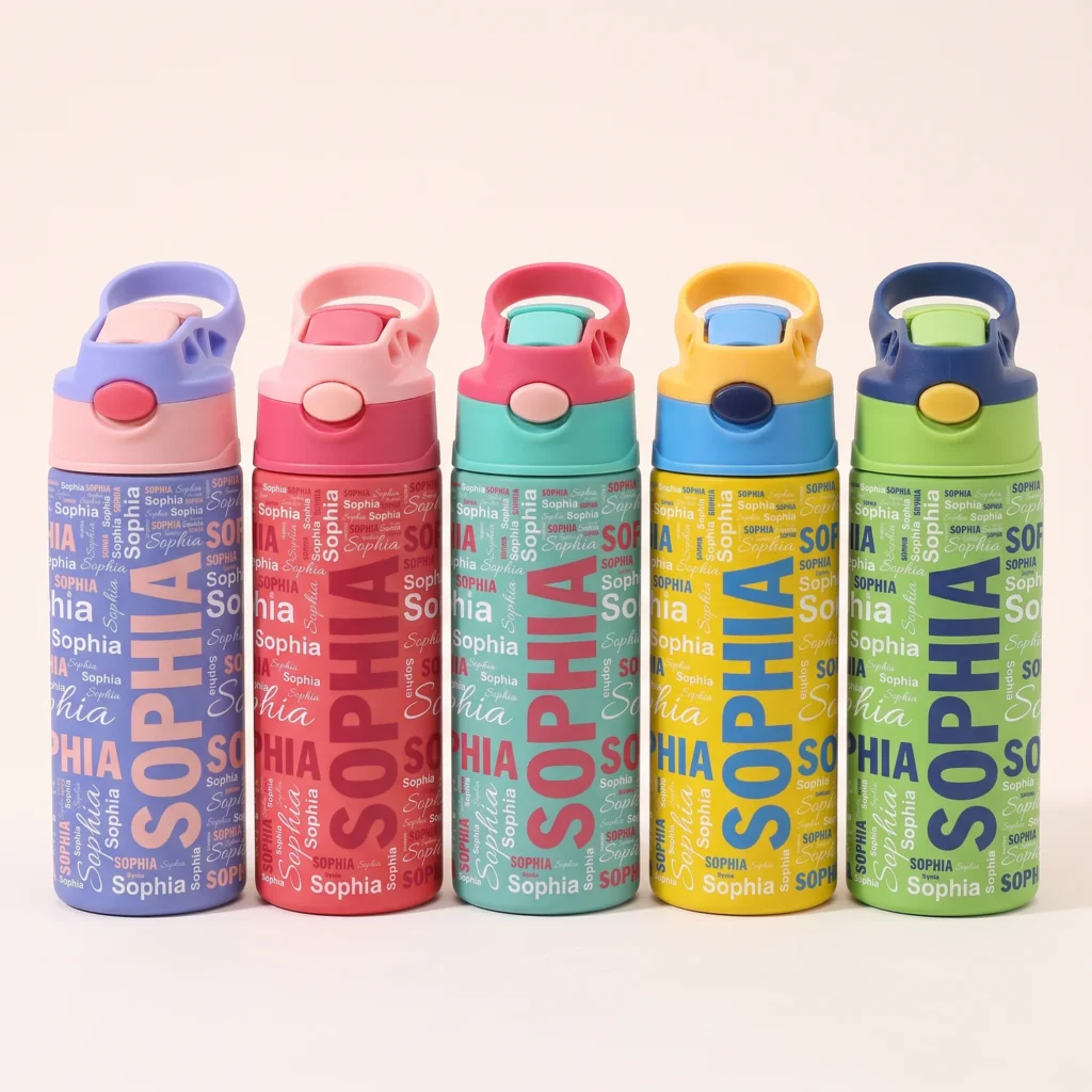 Five personalised kids water bottles in different colours
