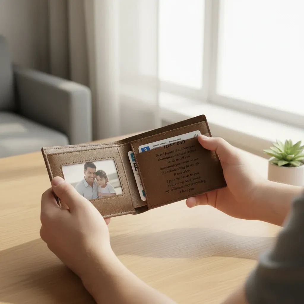Personalised Leather Wallet – lifestyle photo showing the gift in use