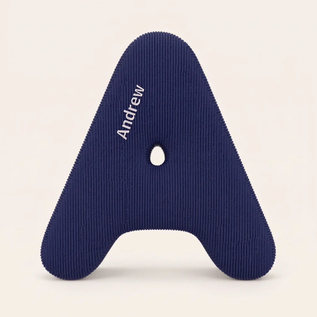 Navy corduroy letter A pillow with an embroidered name