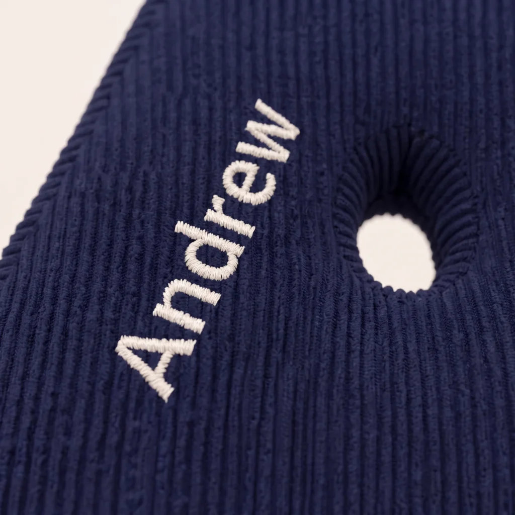 Close-up of the embroidered name on a letter pillow