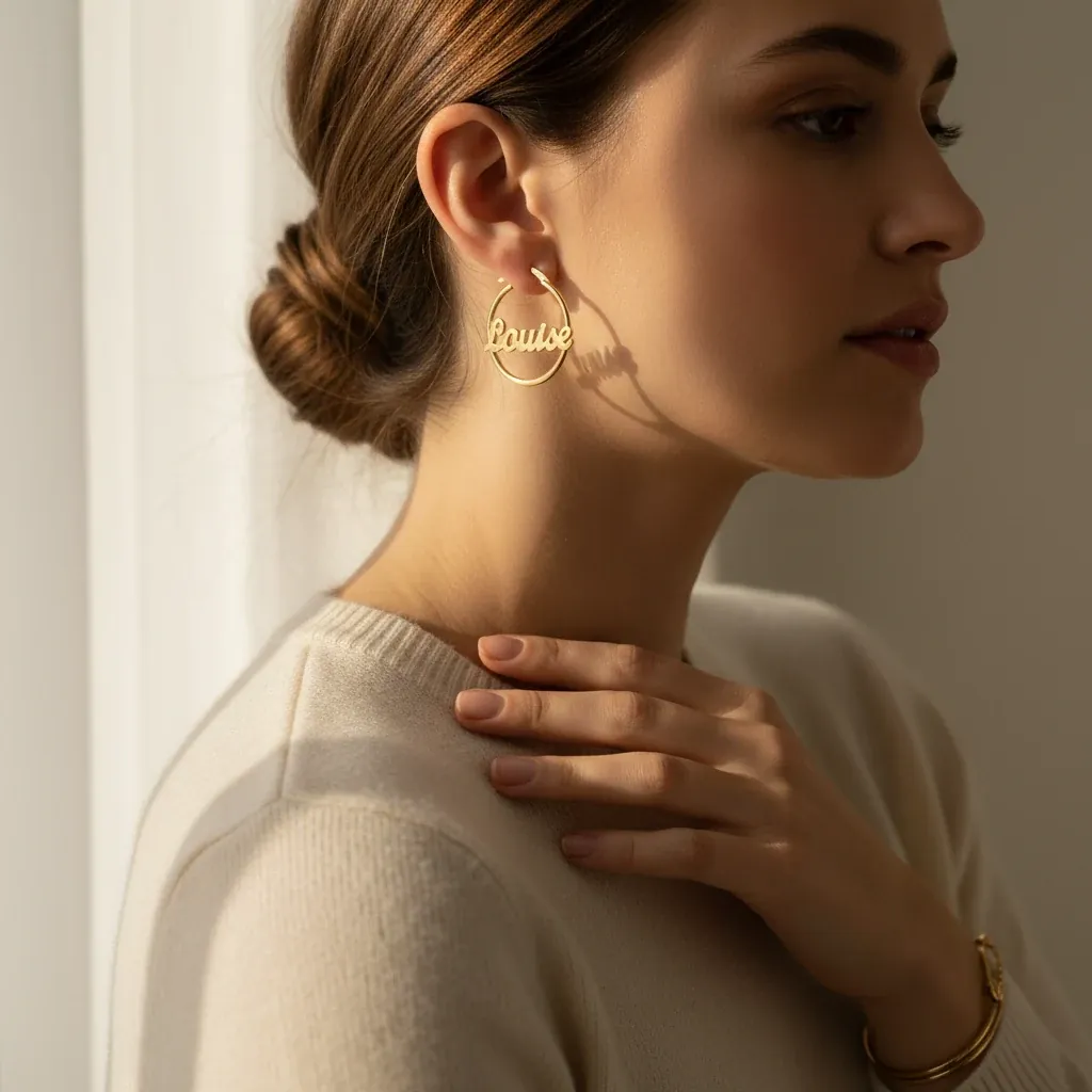 Personalised Name Hoop Earrings – lifestyle photo showing the gift in use