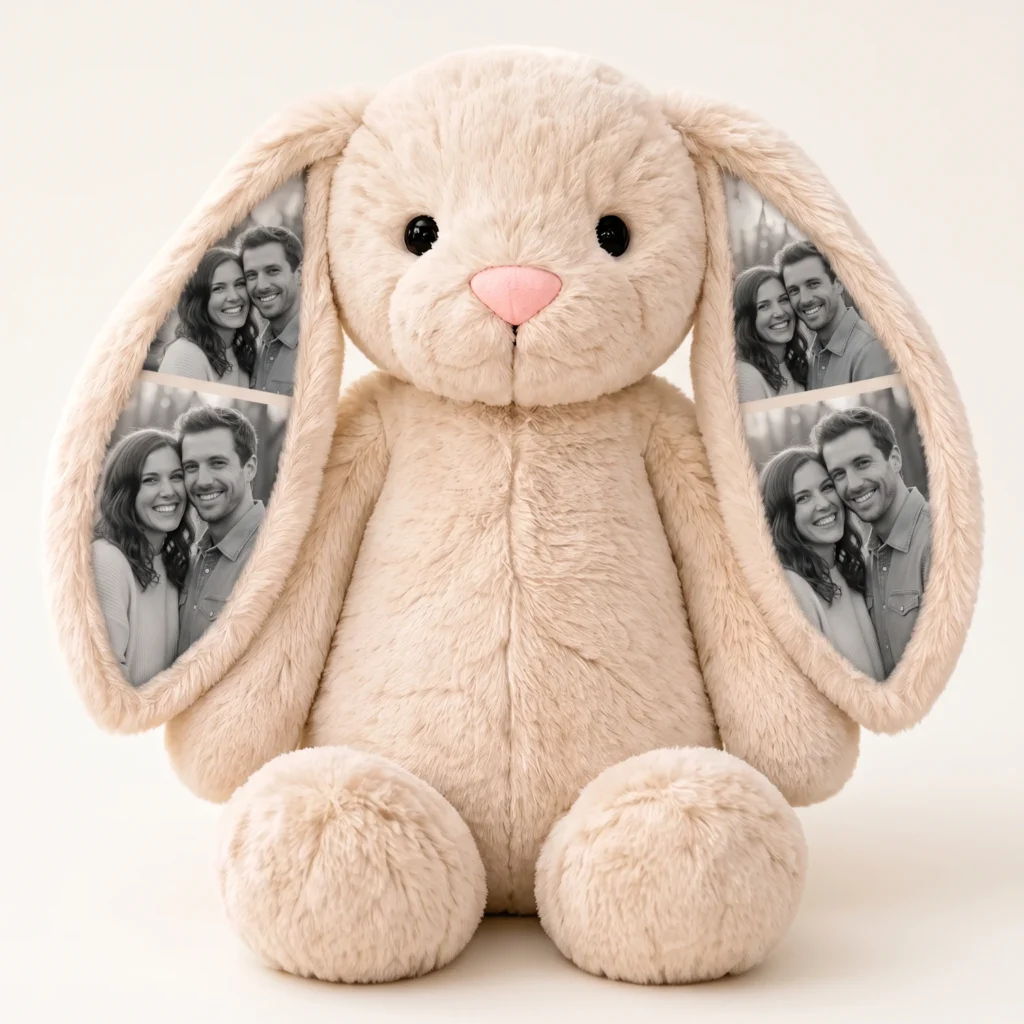 Cream bunny plush with personalised photos printed inside its long ears