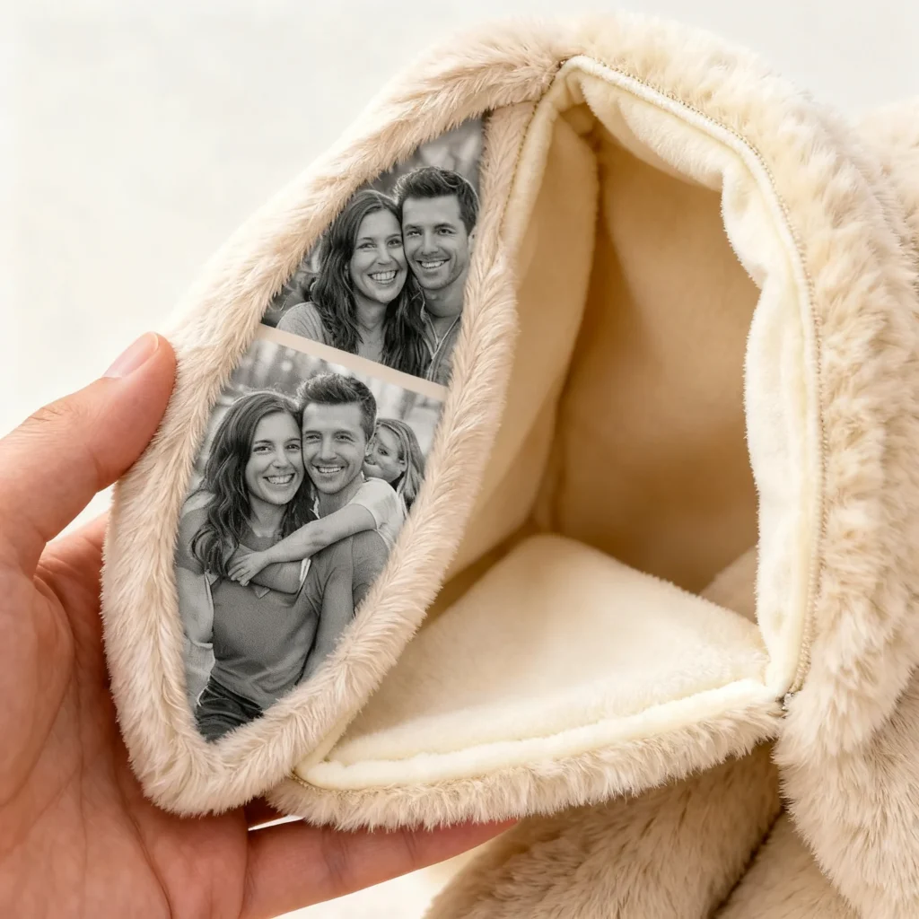 Close-up of the photo collage printed inside the ear of a personalised bunny plush