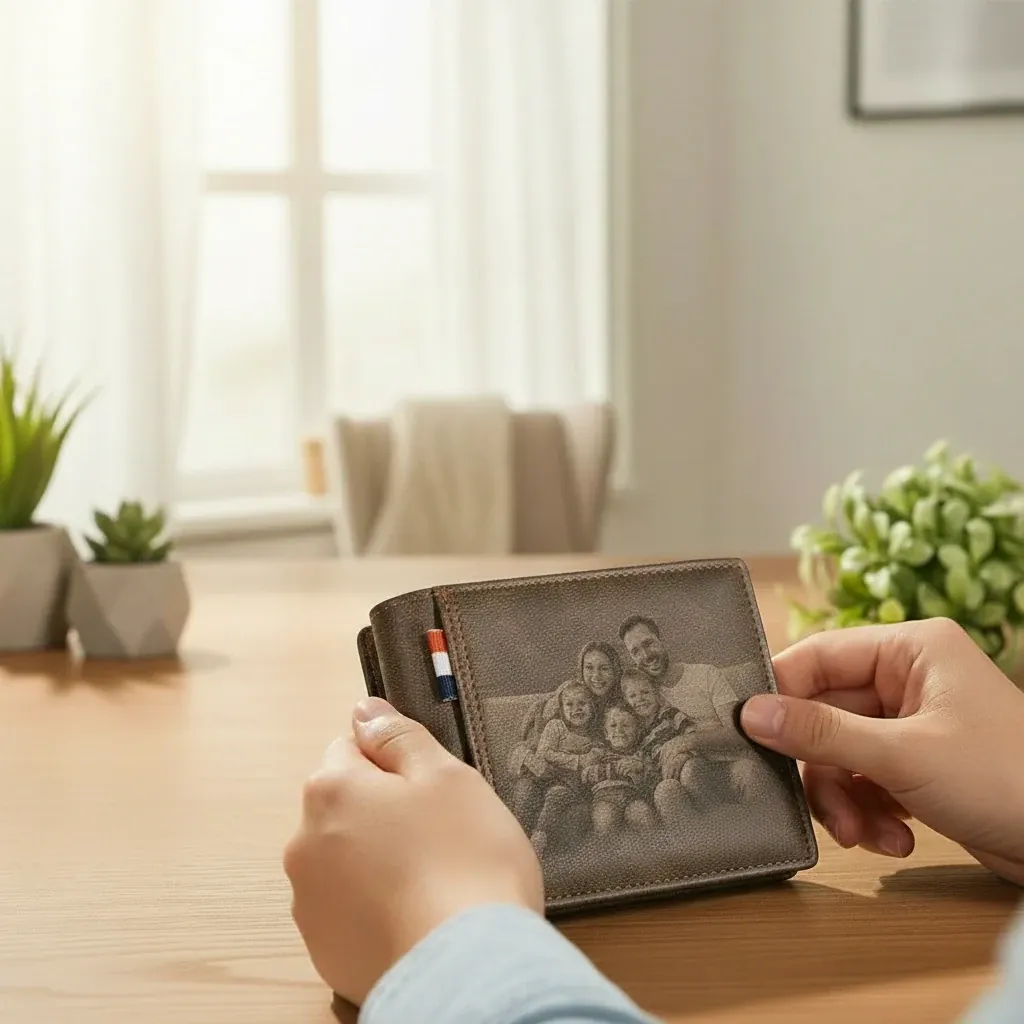 Personalised Photo Leather Wallet Custom Gift for Him – lifestyle photo showing the gift in use