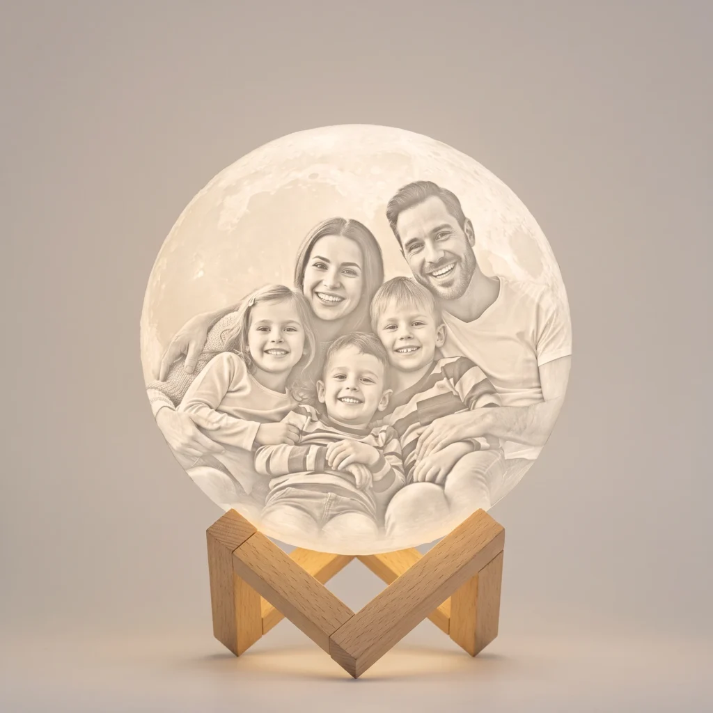 Glowing 3D moon lamp engraved with a personalised family photo on a wooden stand