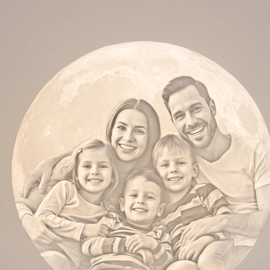 Close-up of the family portrait relief on a personalised moon lamp