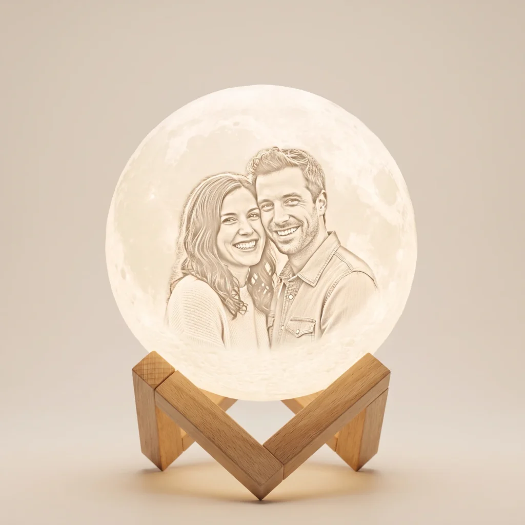 Glowing moon lamp with a sketch-style couple portrait on a wooden stand