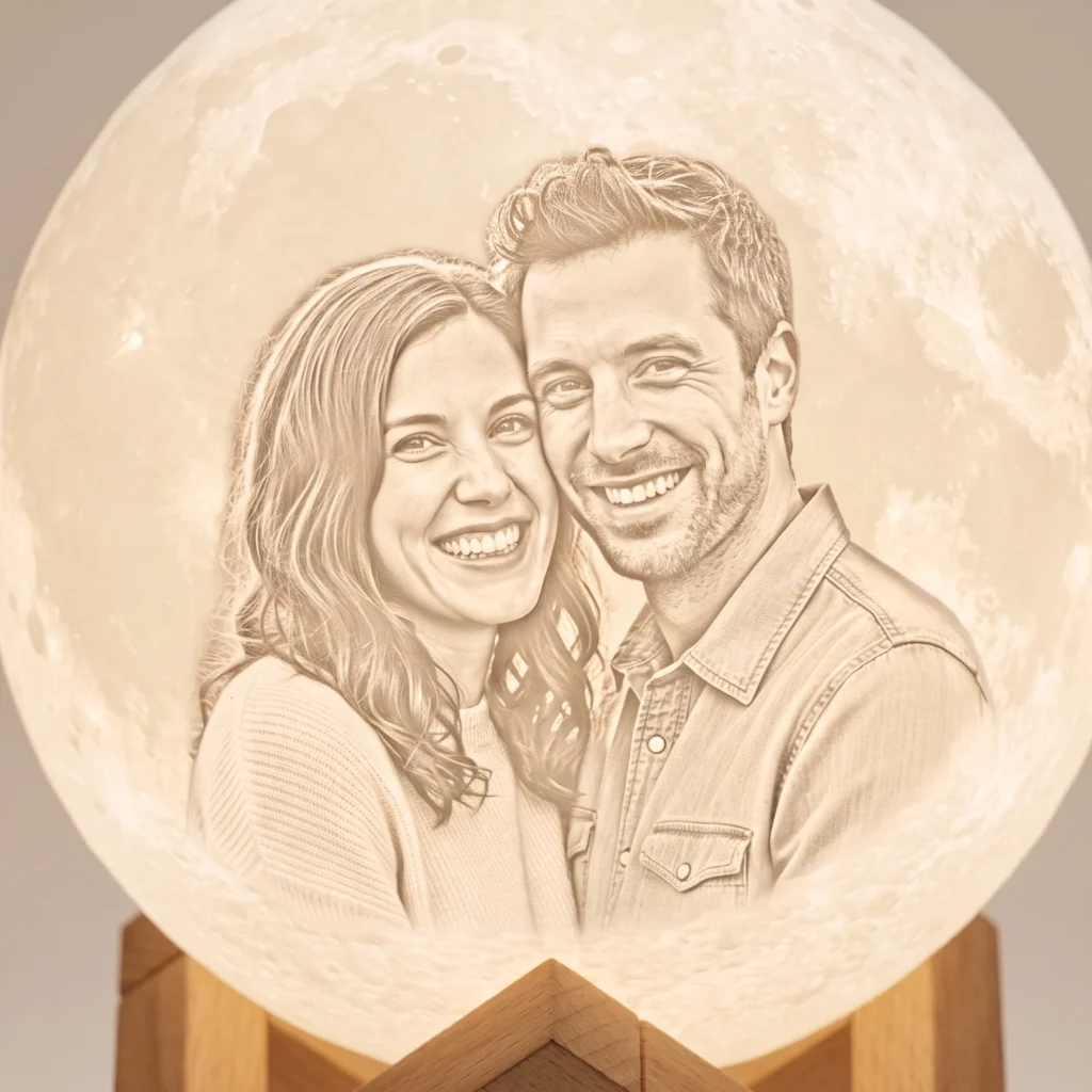 Close-up of the sketch portrait on a glowing moon lamp