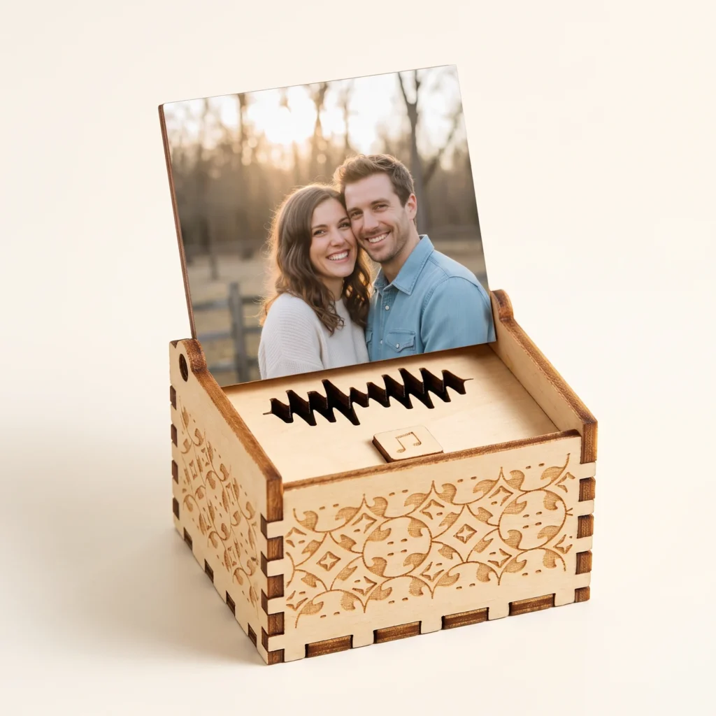 Personalised wooden music box with a couple's photo in the open lid