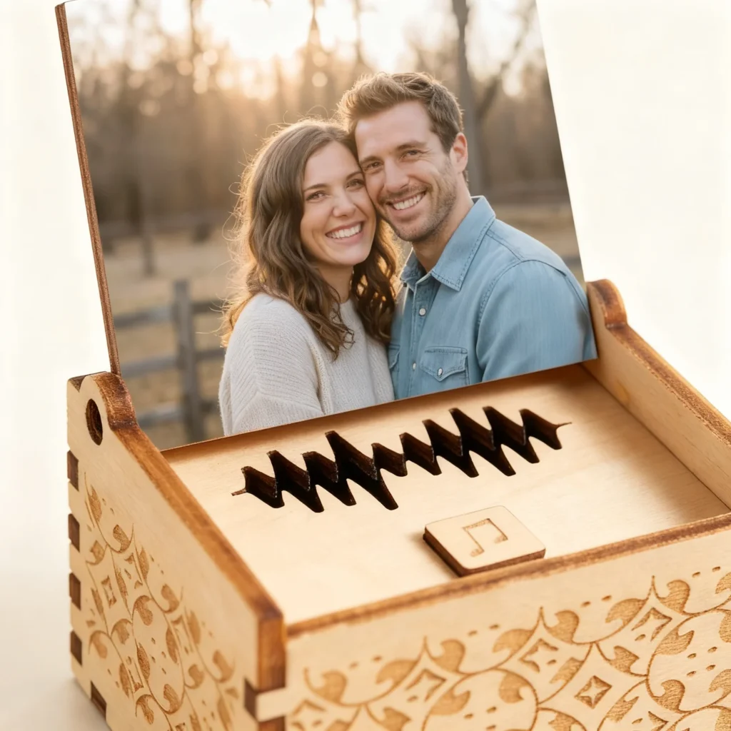 Close-up of the lattice-cut side and play button of a personalised photo music box