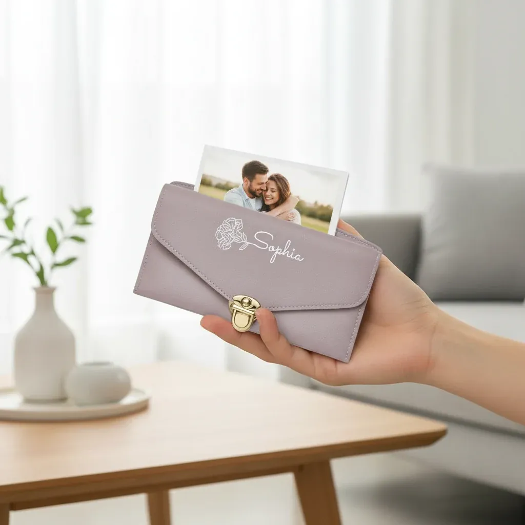 Personalised PU Leather Wallet Engraved Gift – lifestyle photo showing the gift in use