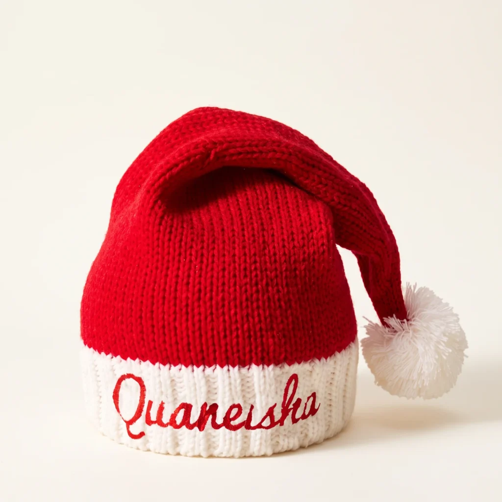 Red knitted Santa hat with a name embroidered on the white cuff