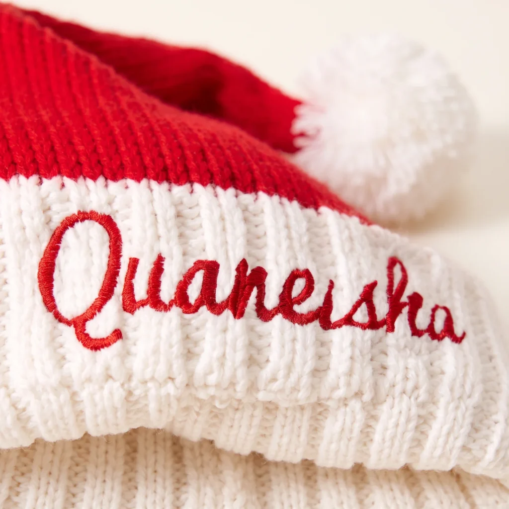 Close-up of the embroidered name on a Santa hat