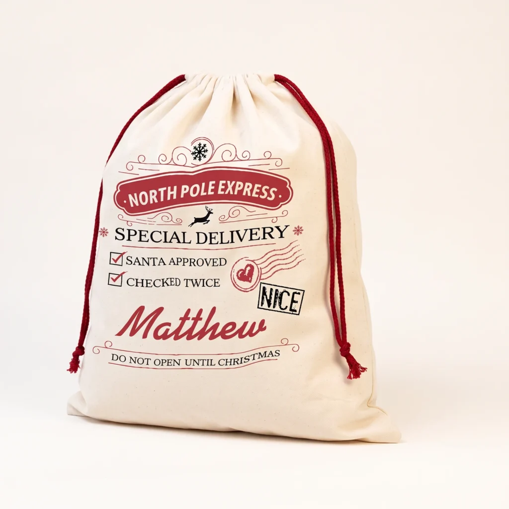 Cream Santa sack printed North Pole Express Special Delivery with a name