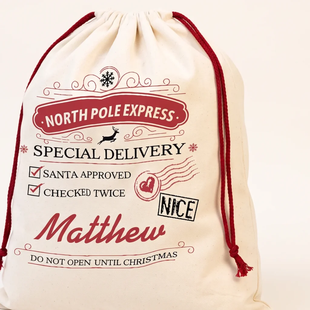 Close-up of the North Pole Express print and name on a Santa sack