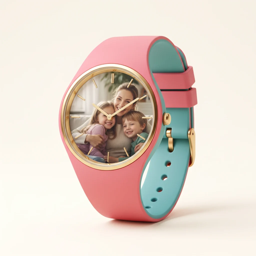 Pink silicone watch with a photo printed on the dial