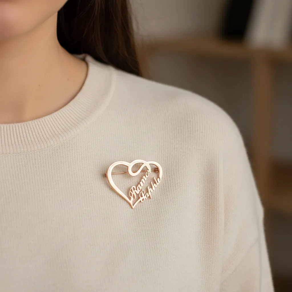 Personalised Stainless Steel Name Brooch – lifestyle photo showing the gift in use