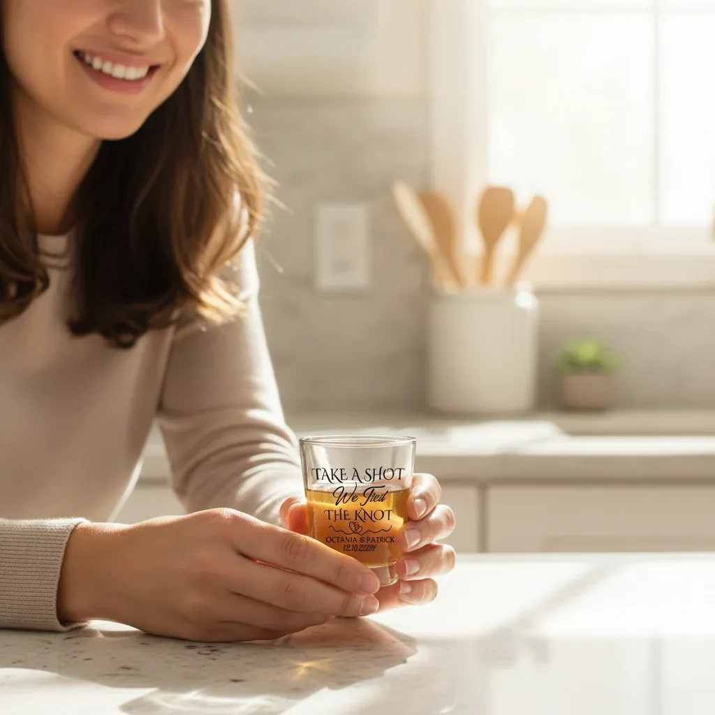 Personalised “Take A Shot We Tied the Knot” Shot Glasses – lifestyle photo showing the gift in use