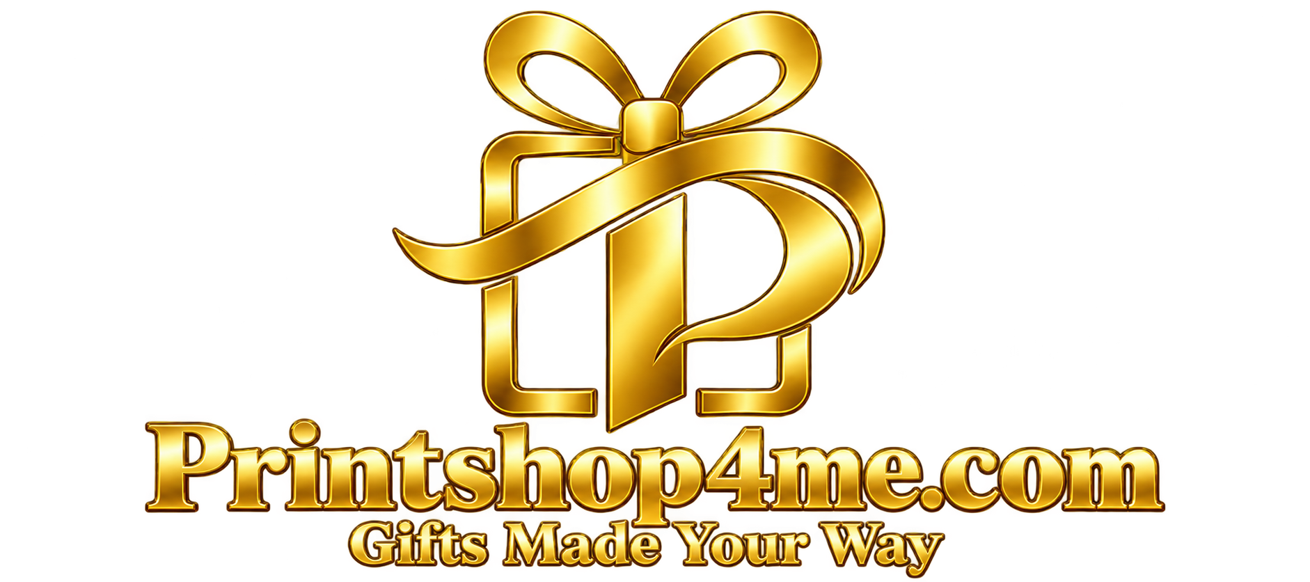 Gold 3D logo with a wrapped gift ribbon and the text 'Printshop4me.com' and 'Gifts Made Your Way'