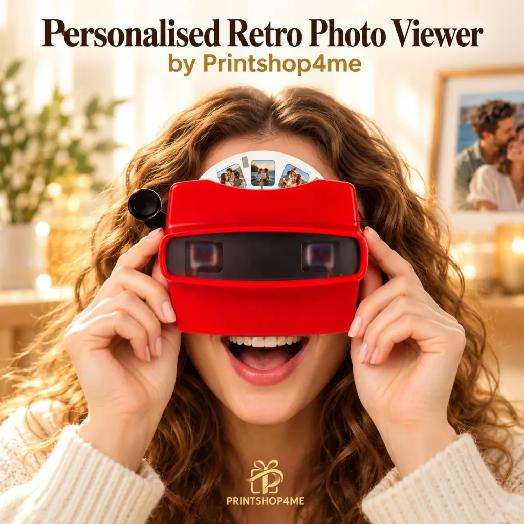Woman looking through a red personalized retro photo viewer